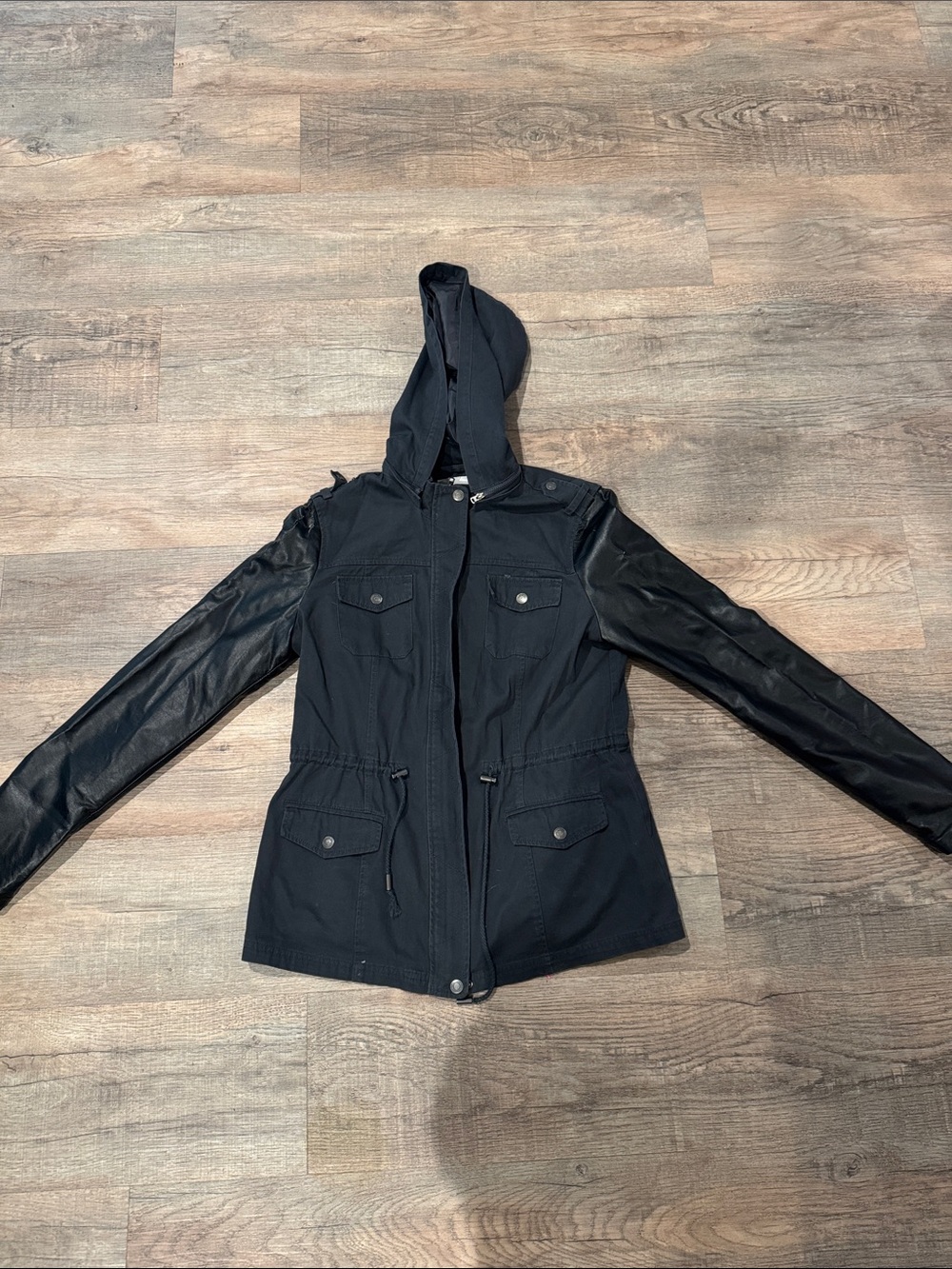 Aeropostale Black Hooded Utility Jacket with Faux Leather Sleeves